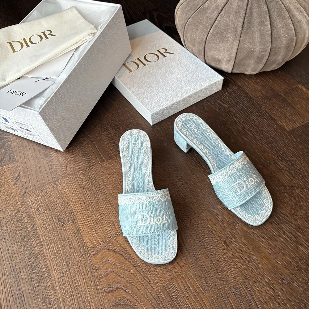 Close-up of white lace and Dior Oblique embroidery on slide