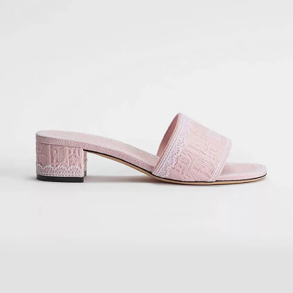 Front angle of Dior Women Dioramour Dior Dentelle Pink heeled slide