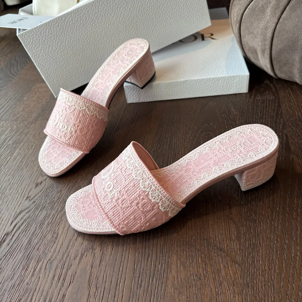 Dior Women Dioramour Dior Dentelle Heeled Slide Soupir Pink Dior Oblique Embroidered Cotton and White Lace - image 6