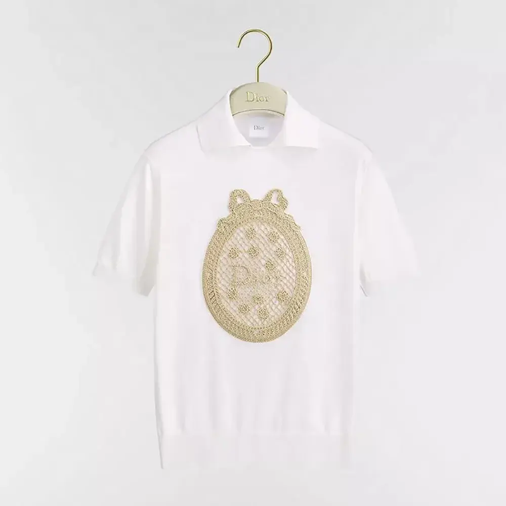 Front view of Dior Women Dioriviera Dior Médaillon Short-Sleeved Sweater Ecru Silk Knit