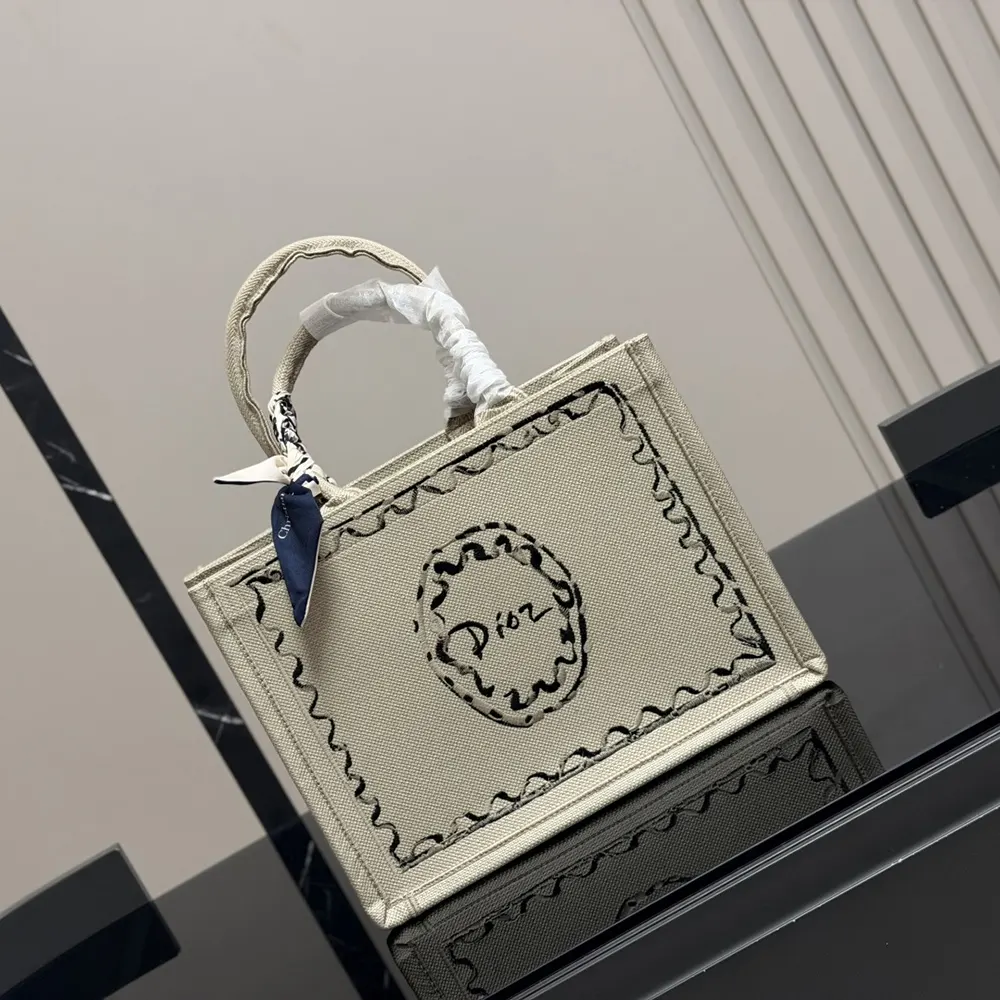 Dior Women Dioriviera Medium Dior Book Tote with Strap Beige Dior Painted Ribbon Embroidery - image 4