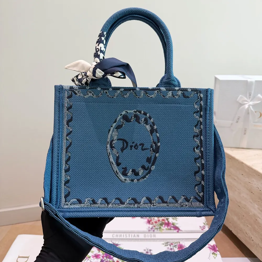 Dior Women Dioriviera Medium Dior Book Tote with Strap Blue-Greige Dior Painted Ribbon Embroidery - image 5
