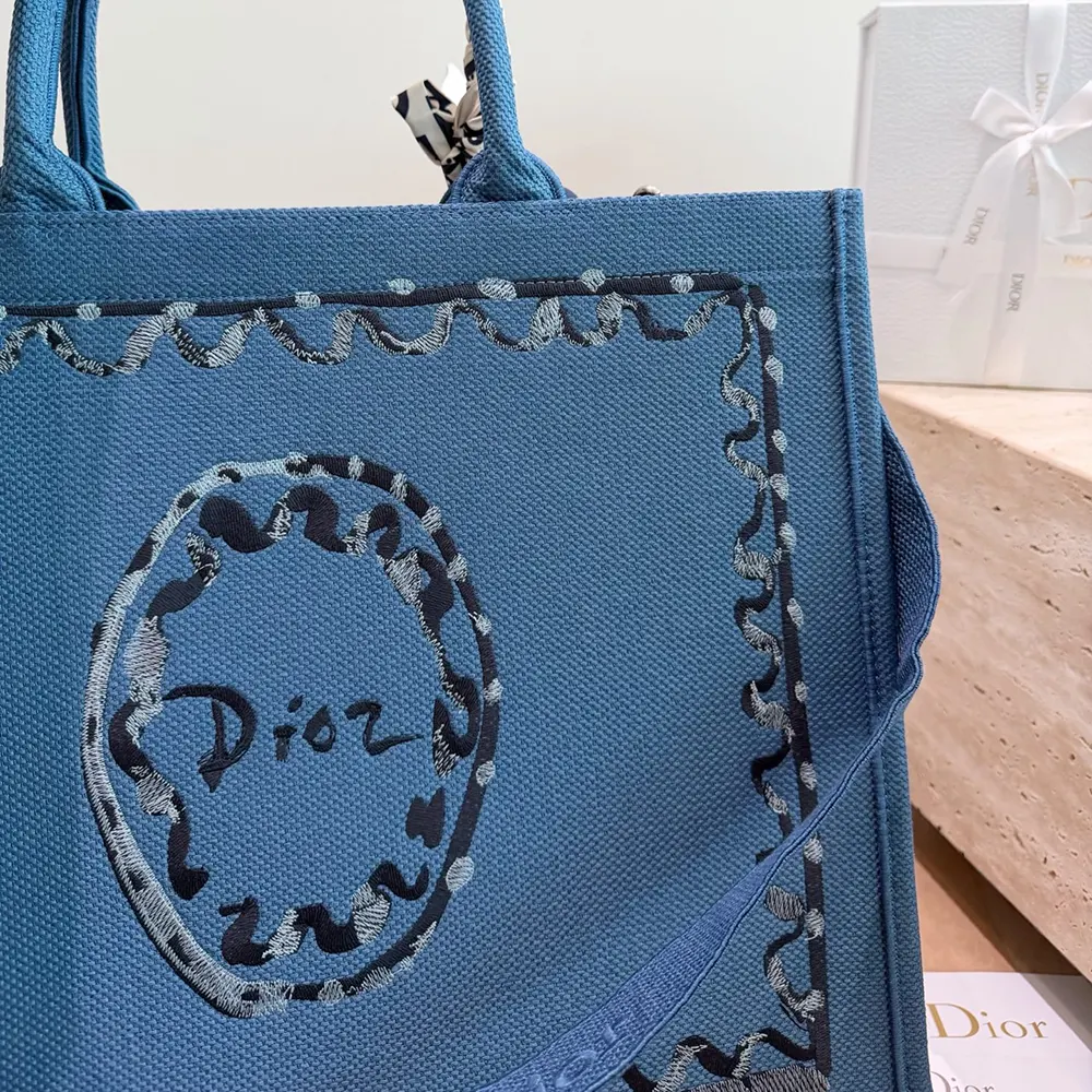 Dior Women Dioriviera Medium Dior Book Tote with Strap Blue-Greige Dior Painted Ribbon Embroidery - image 7
