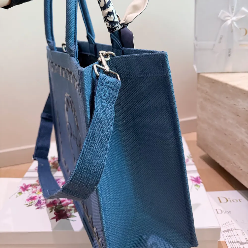 Dior Women Dioriviera Medium Dior Book Tote with Strap Blue-Greige Dior Painted Ribbon Embroidery - image 6