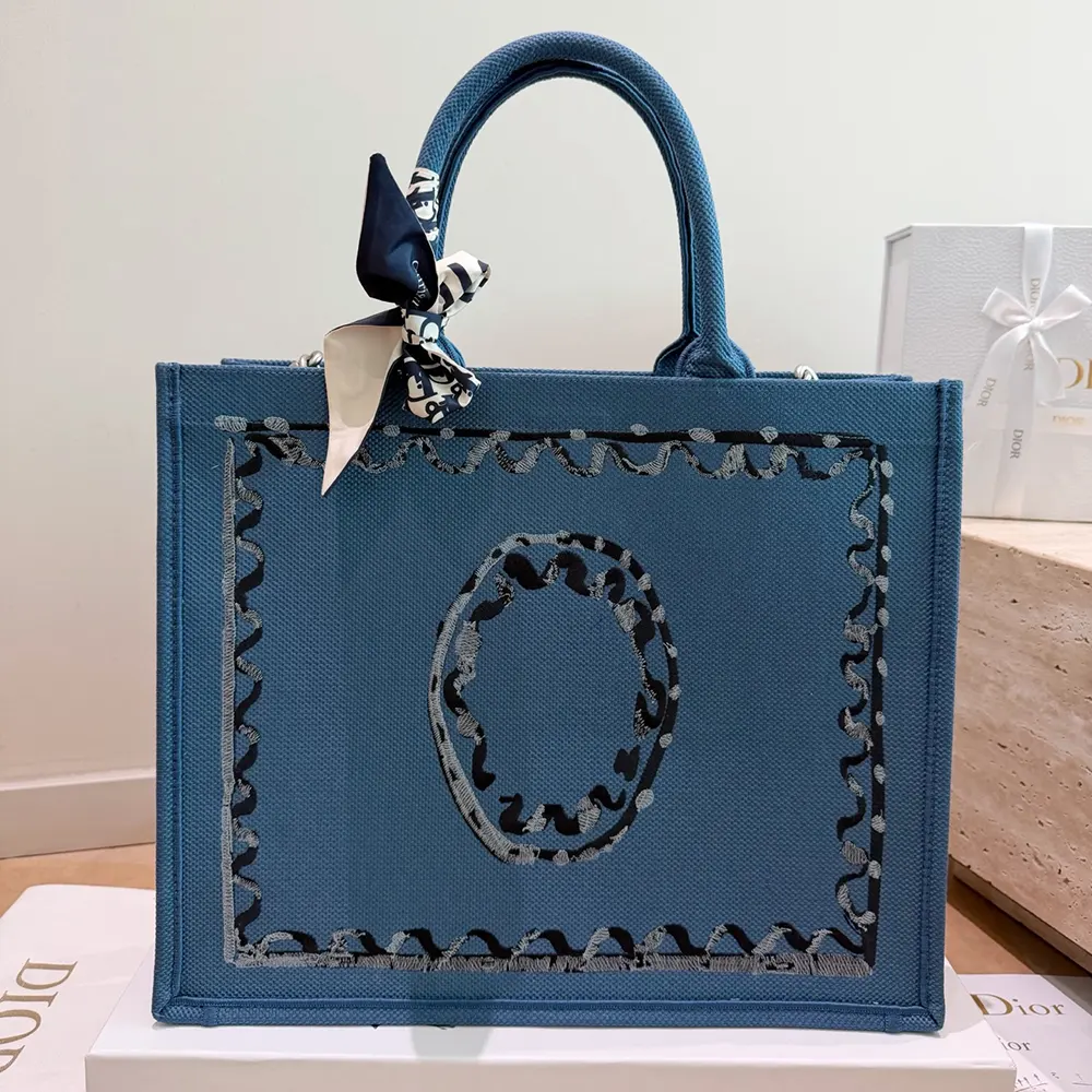 Dior Women Dioriviera Medium Dior Book Tote with Strap Blue-Greige Dior Painted Ribbon Embroidery - image 4