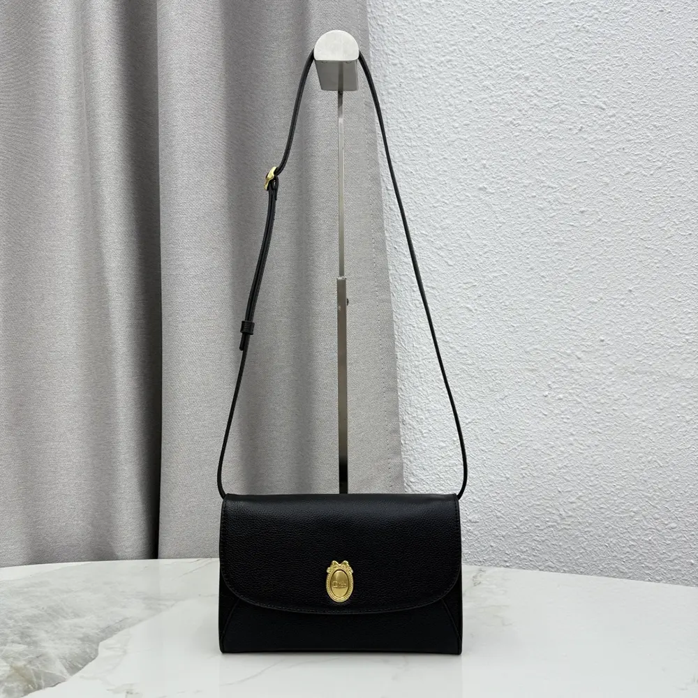 Close-up of Dior medallion and grained calfskin texture