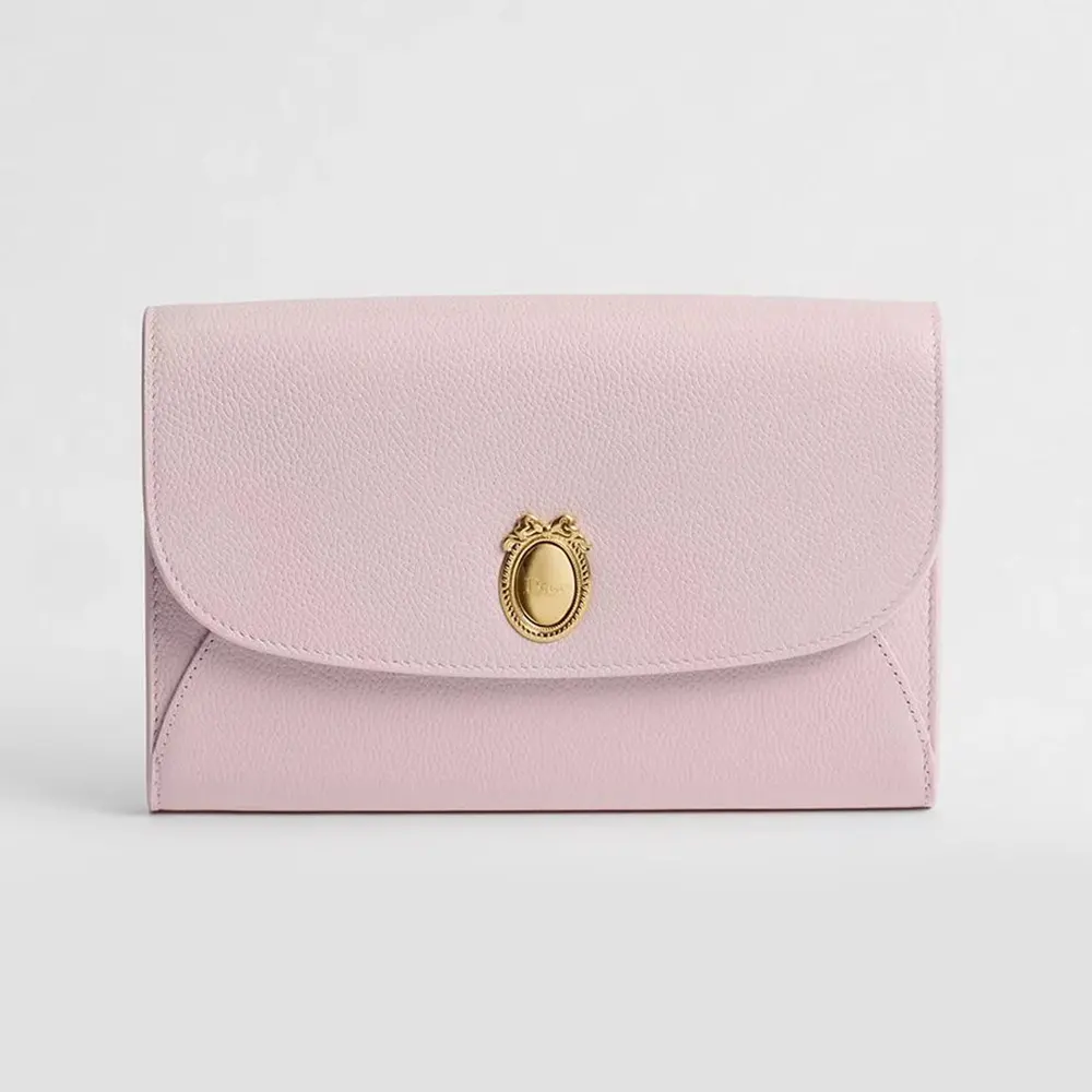 Front view of Dior Women Médaillon Envelope Pouch with Strap in pink
