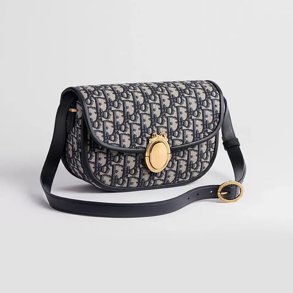 Front view of Dior Women Medium Dior Médaillon Flap Bag Blue Dior Oblique Jacquard