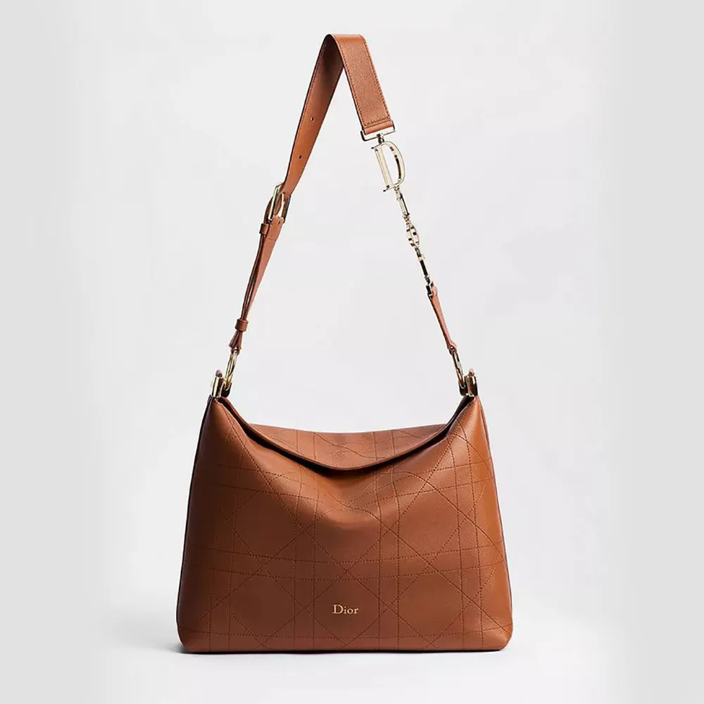 Front view of Dior Women Medium Diorly Bag Marron Bobby Flat Macrocannage