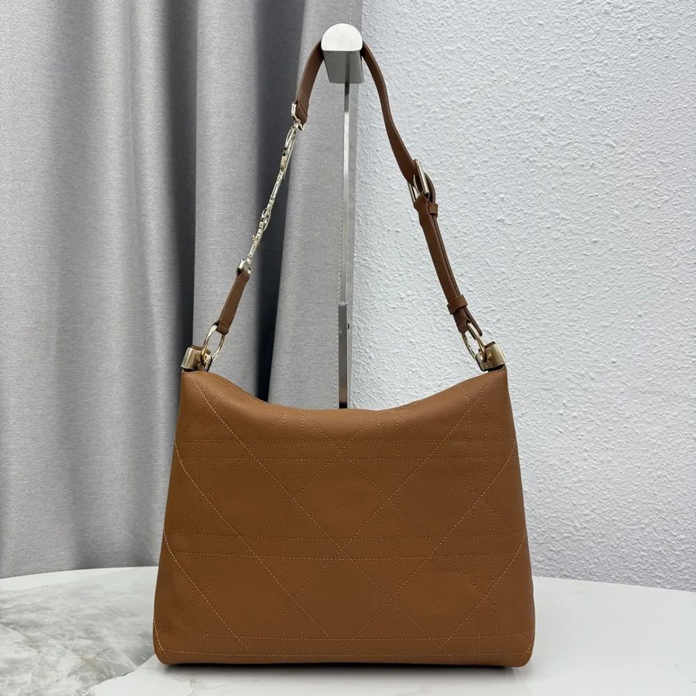 Side profile showing silver hardware on Dior Women Medium Diorly Bag