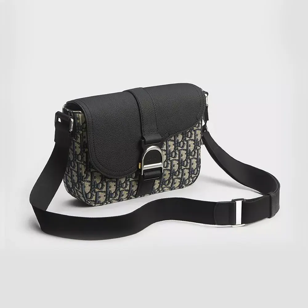Front view of Dior Men Saddle Heritage Messenger Bag in black and beige jacquard