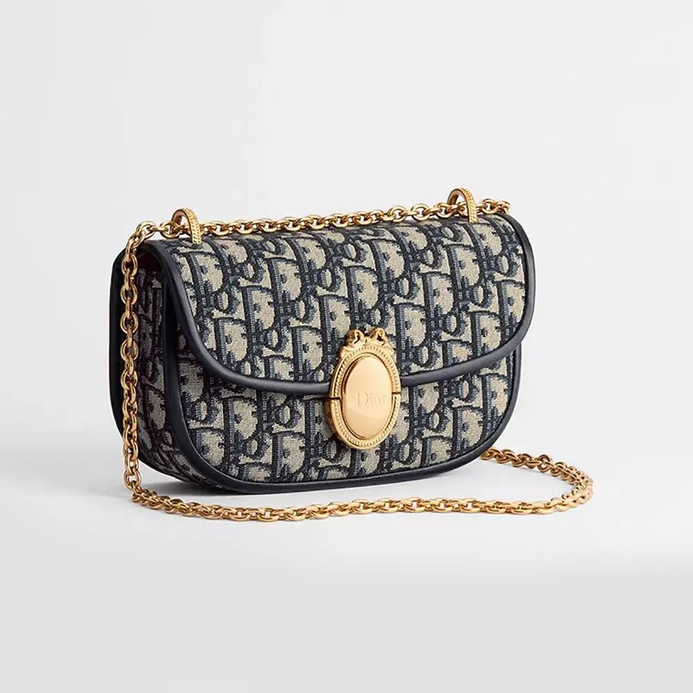 Front view of Dior Women Small Dior Médaillon Flap Bag with Chain Blue Dior Oblique Jacquard