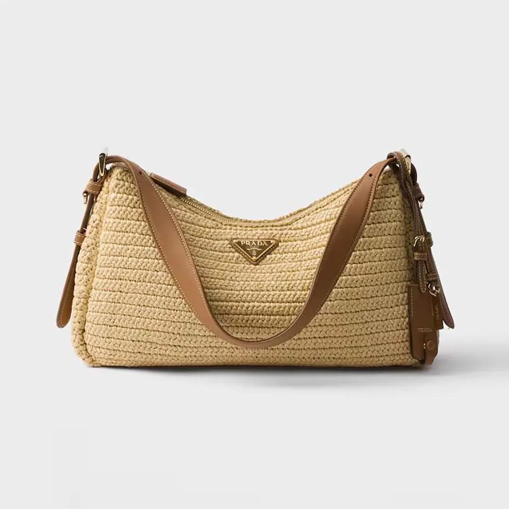 Front view of Prada Women Aimée Large Crochet and Leather Bag in natural colour