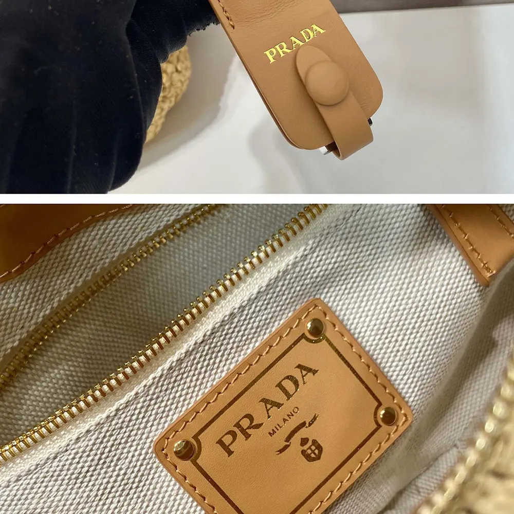 Side angle showing spacious interior and leather trim of Prada Women Aimée bag