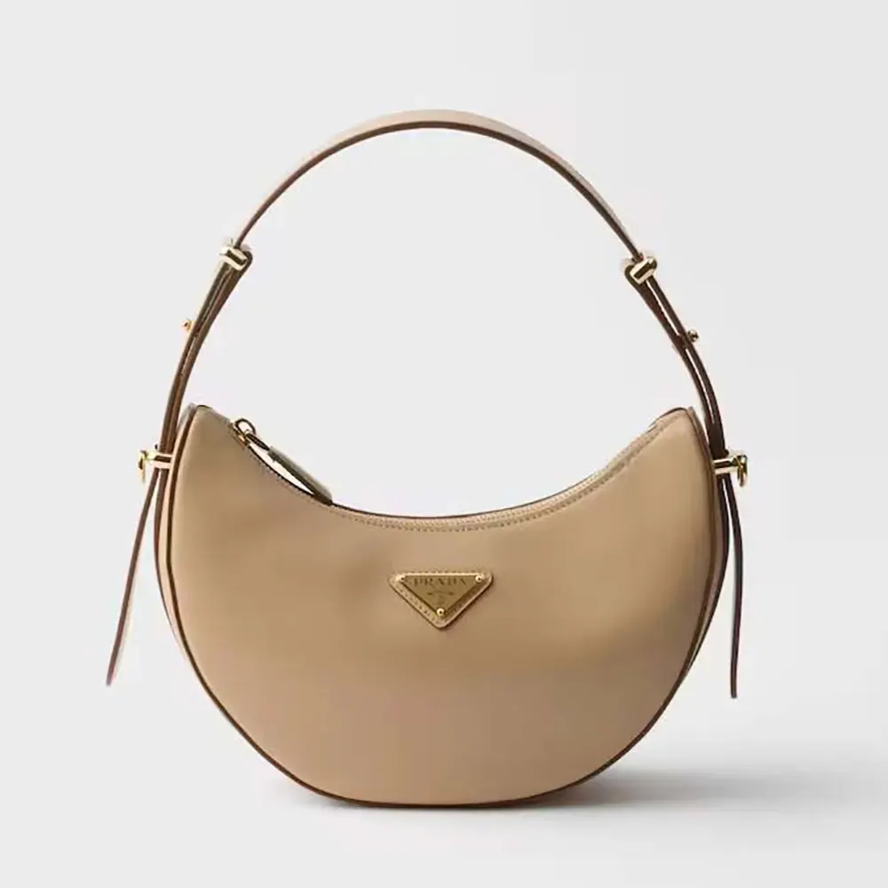 Front view of Prada Women Arqué Mini Leather Shoulder Bag-Sand Beige