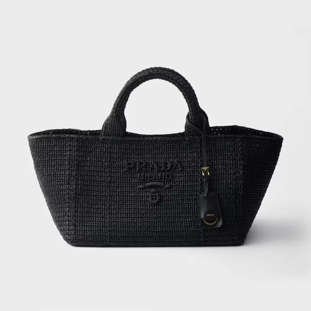 Front view of Prada Women Large Crochet Tote Bag with Leather Details-Black