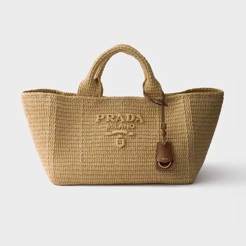 Front view of Prada Women Large Crochet Tote Bag with Leather Details-Natural