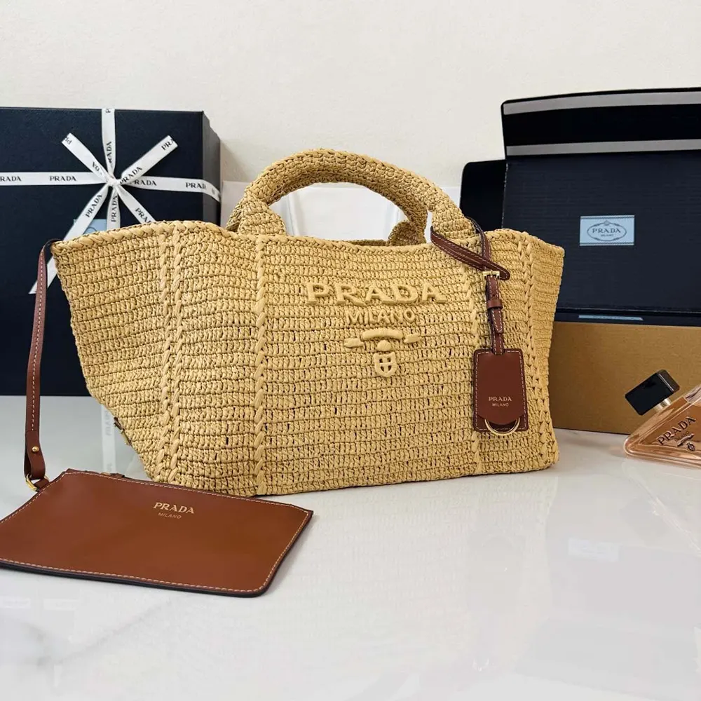 Prada Women Large Crochet Tote Bag with Leather Details-Natural - image 4