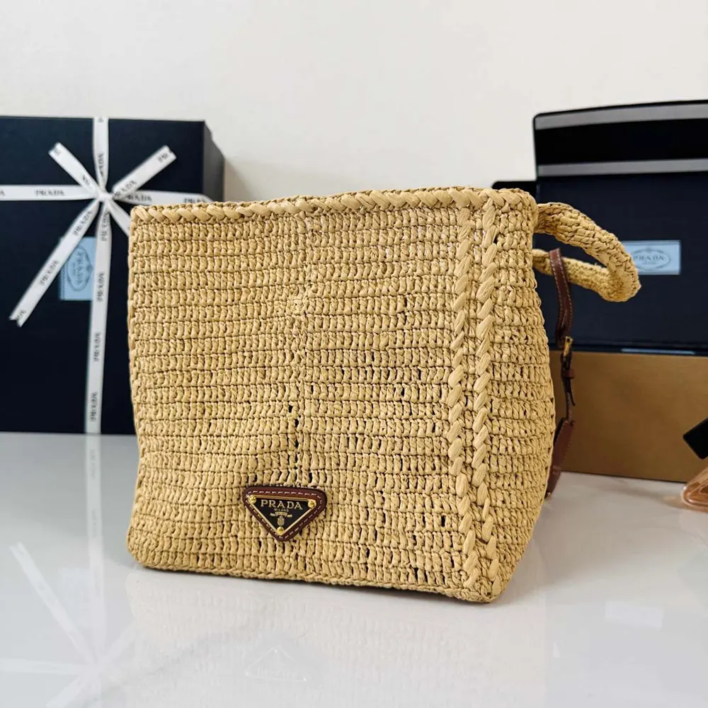 Prada Women Large Crochet Tote Bag with Leather Details-Natural - image 7