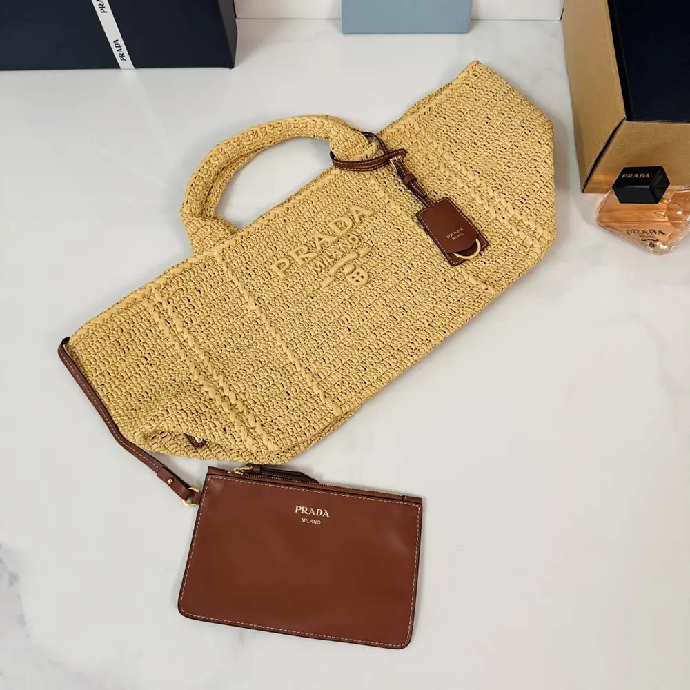 Prada Women Large Crochet Tote Bag with Leather Details-Natural - image 5