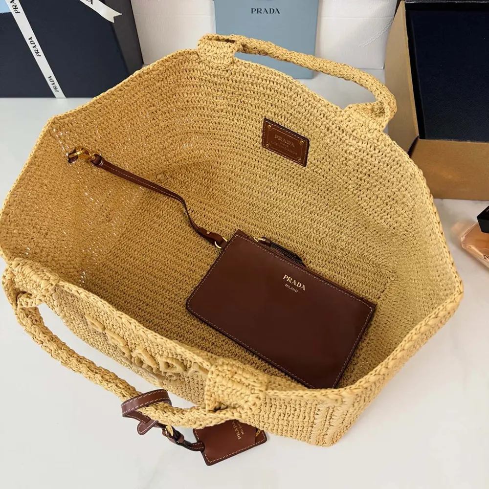 Prada Women Large Crochet Tote Bag with Leather Details-Natural - image 8