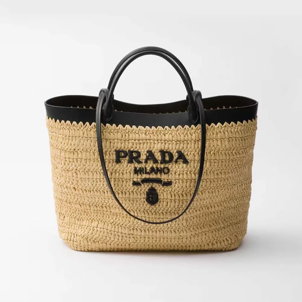Front view of Prada Women Medium Crochet and Leather Tote Bag-Black