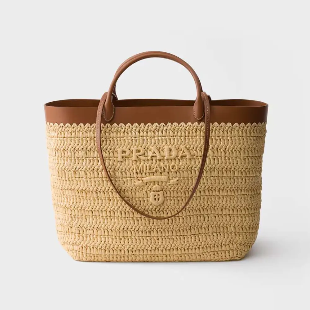 Front view of Prada Women Medium Crochet and Leather Tote Bag-Brown
