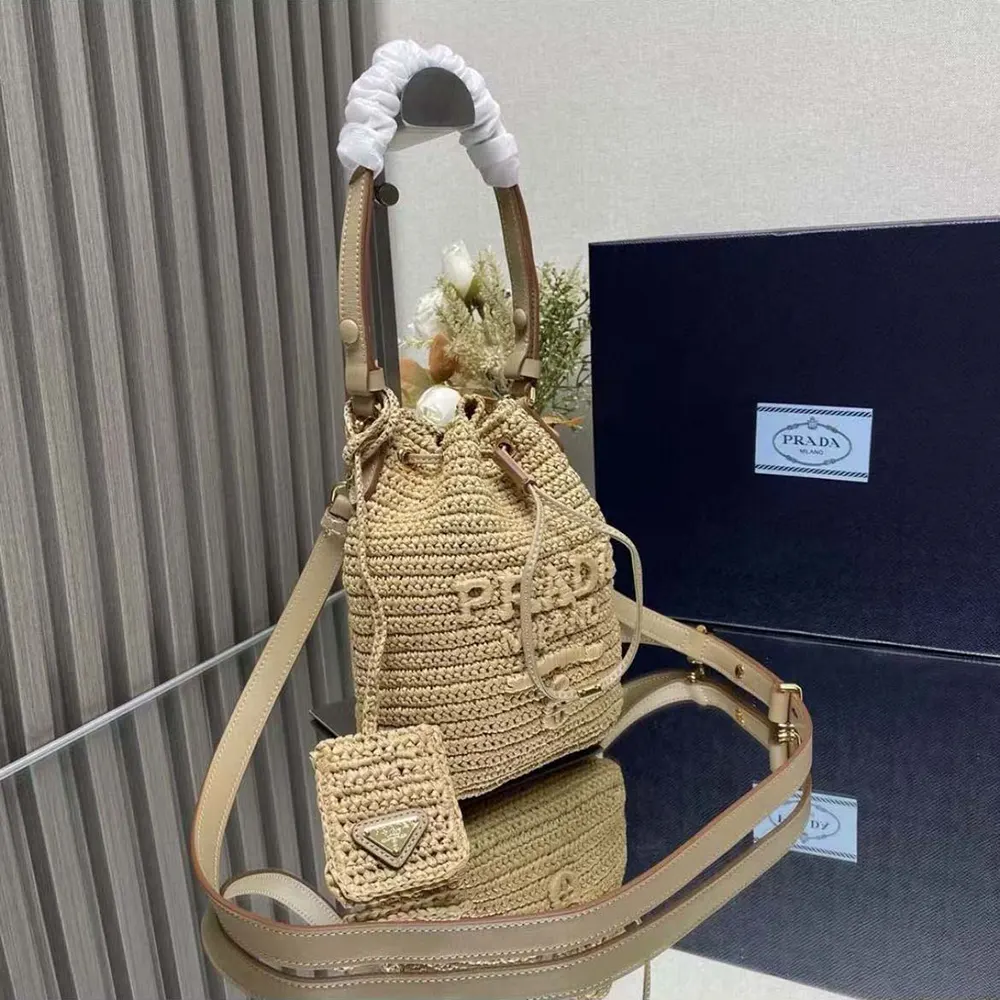 Prada Women Mini Crochet and Leather Bucket Bag-Natural - image 4