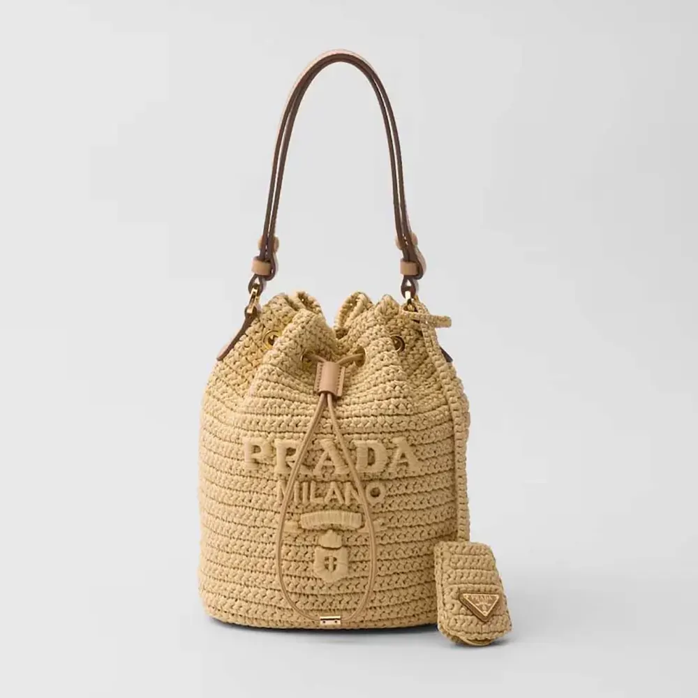 Front view of Prada Women Mini Crochet and Leather Bucket Bag-Natural
