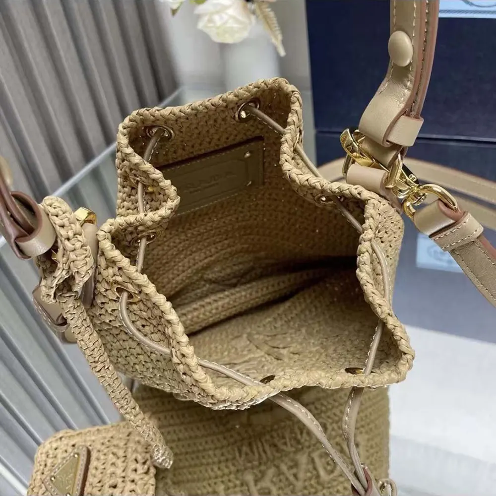 Prada Women Mini Crochet and Leather Bucket Bag-Natural - image 7
