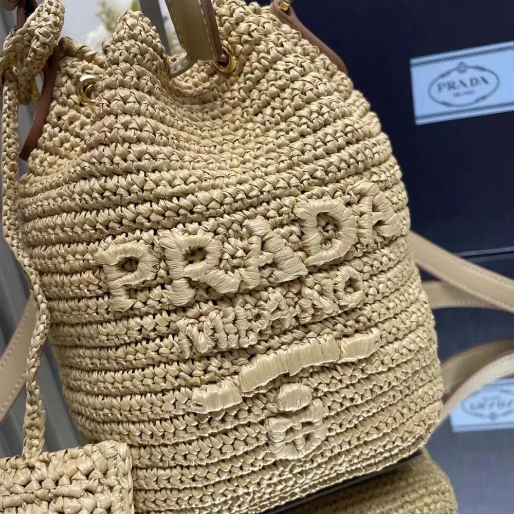 Prada Women Mini Crochet and Leather Bucket Bag-Natural - image 6