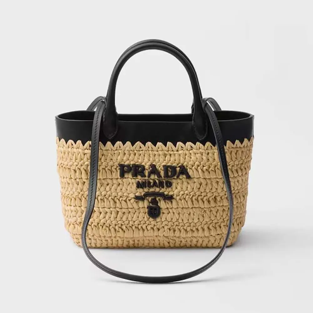 Front view of Prada Women Mini Crochet and Leather Tote Bag in black