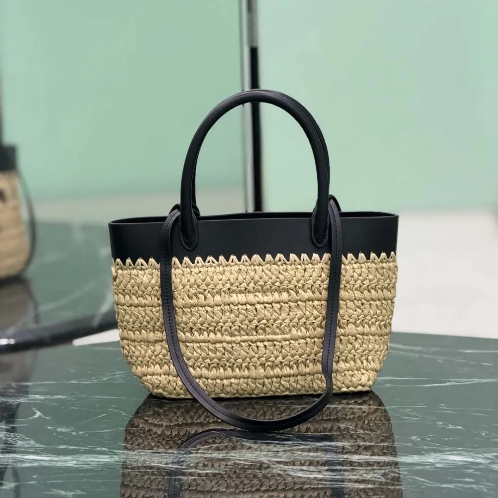 Side angle showing crochet texture and leather trim of Prada Women Mini Tote Bag