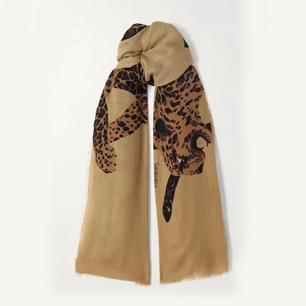 Front view of Saint Laurent YSL Women Cassandre Square Scarf in brown wool twill