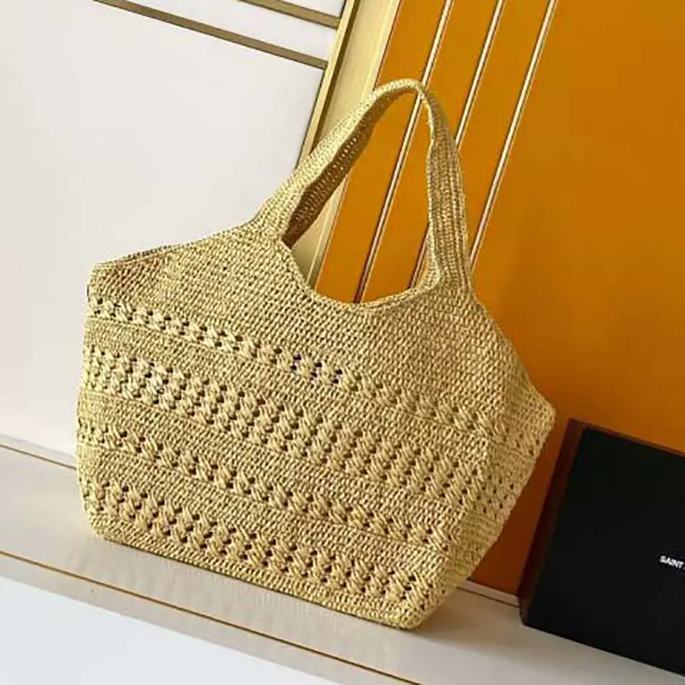 Side angle showing raffia texture on Saint Laurent YSL Icare Medium