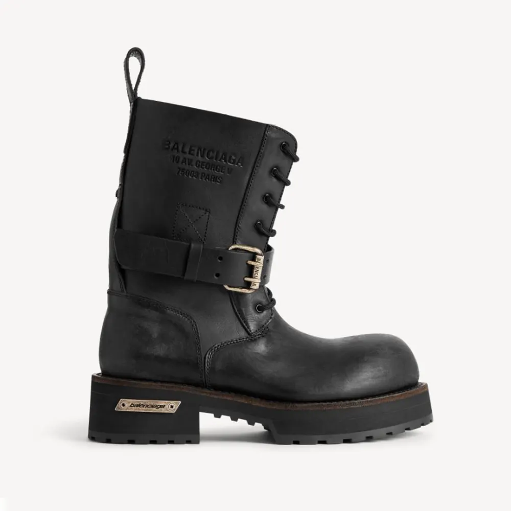 Side angle of Balenciaga Men Venom Lace-Up Bootie in black calfskin