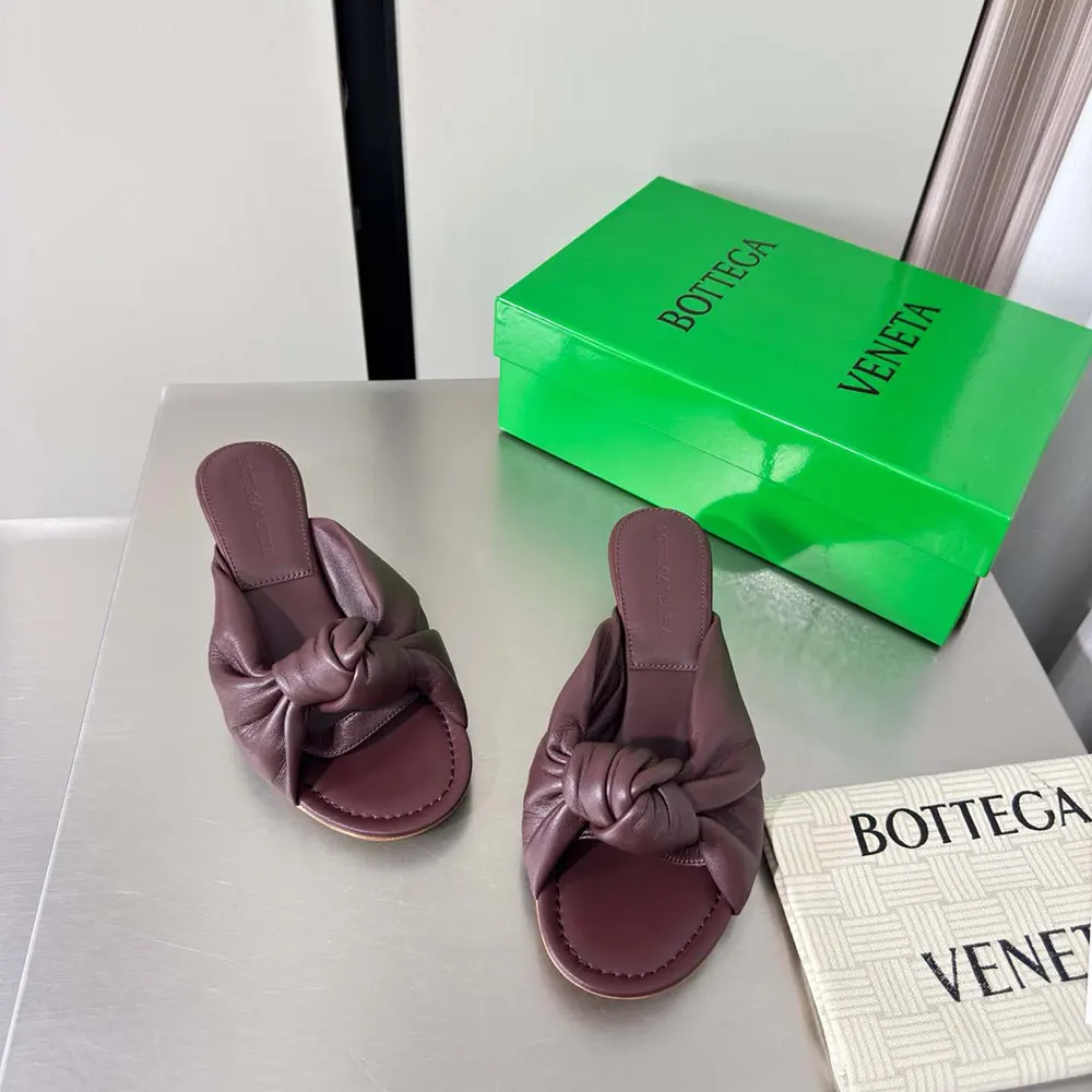 Top-down view showing open back and burgundy tone of Bottega Veneta Women Cherry Mule
