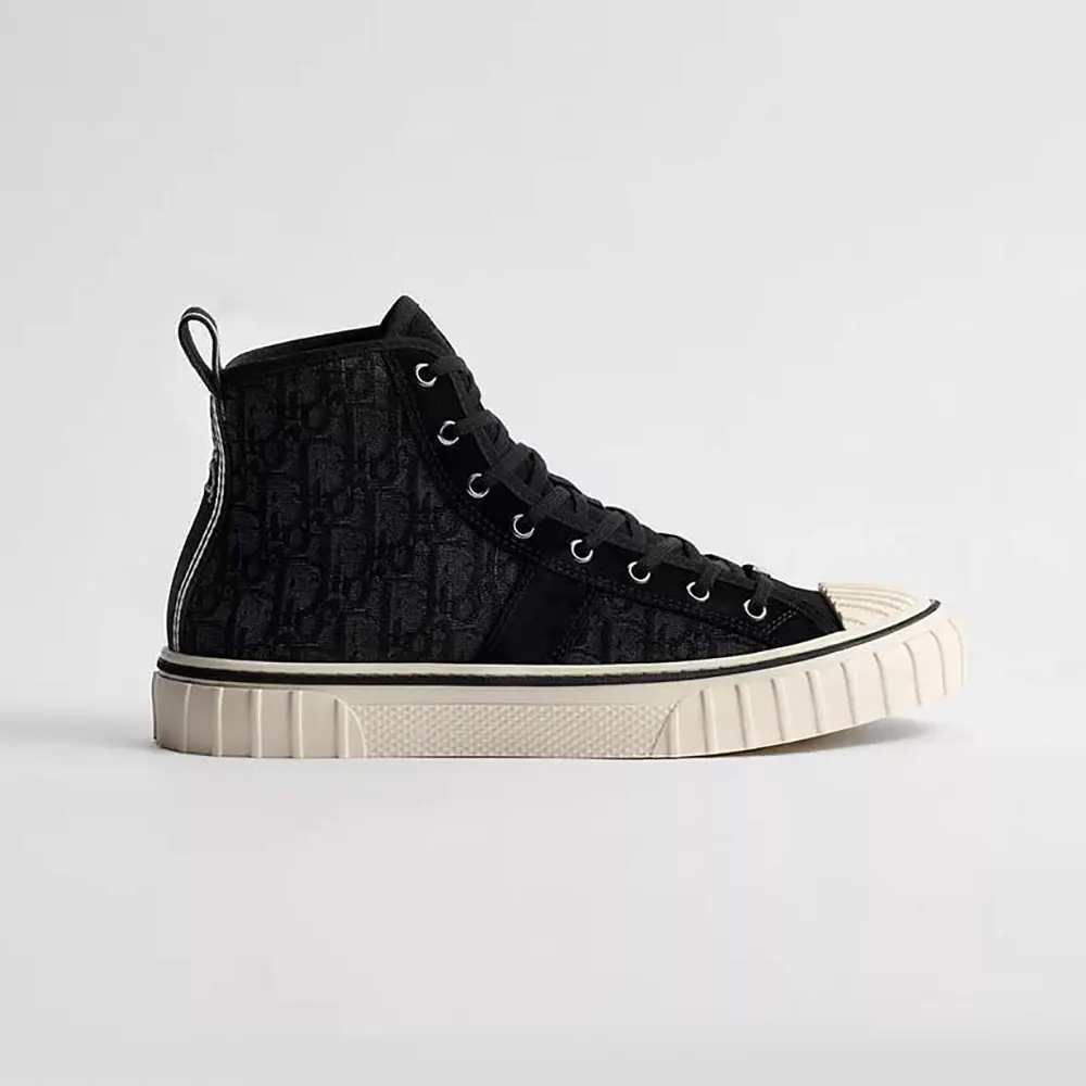 Side angle of Dior Unisex Hooper High-Top Sneaker showing jacquard and suede