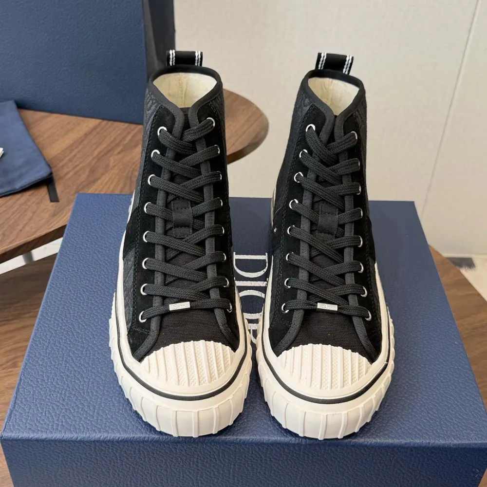 Overhead view of black Dior Unisex Hooper High-Top Sneaker highlighting laces