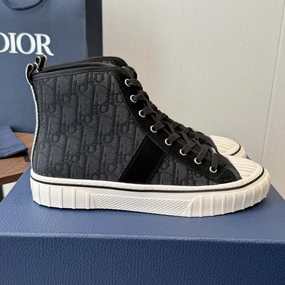 Close-up detail of black suede calfskin on Dior Unisex Hooper High-Top Sneaker