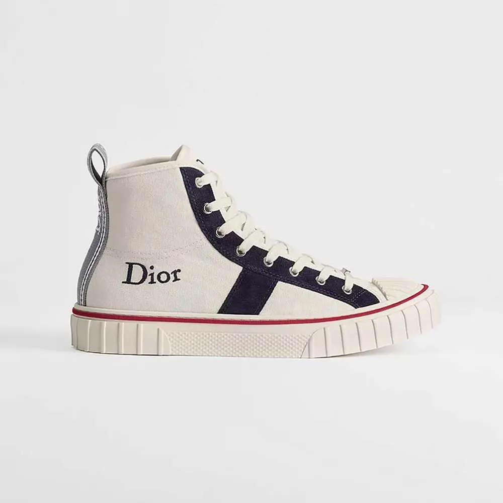 Side view of Dior Unisex Hooper High-Top Sneaker white canvas navy suede