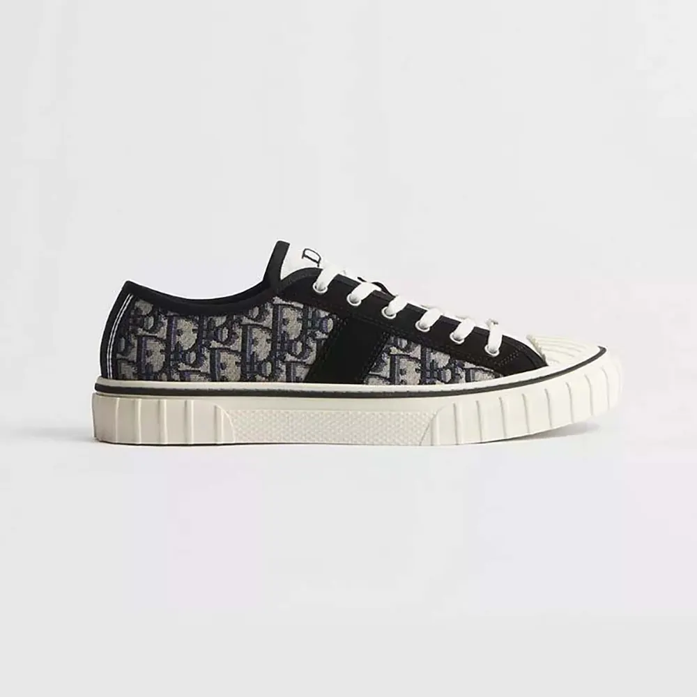 Side view of Dior Unisex Hooper Low-Top Sneaker in beige and blue jacquard