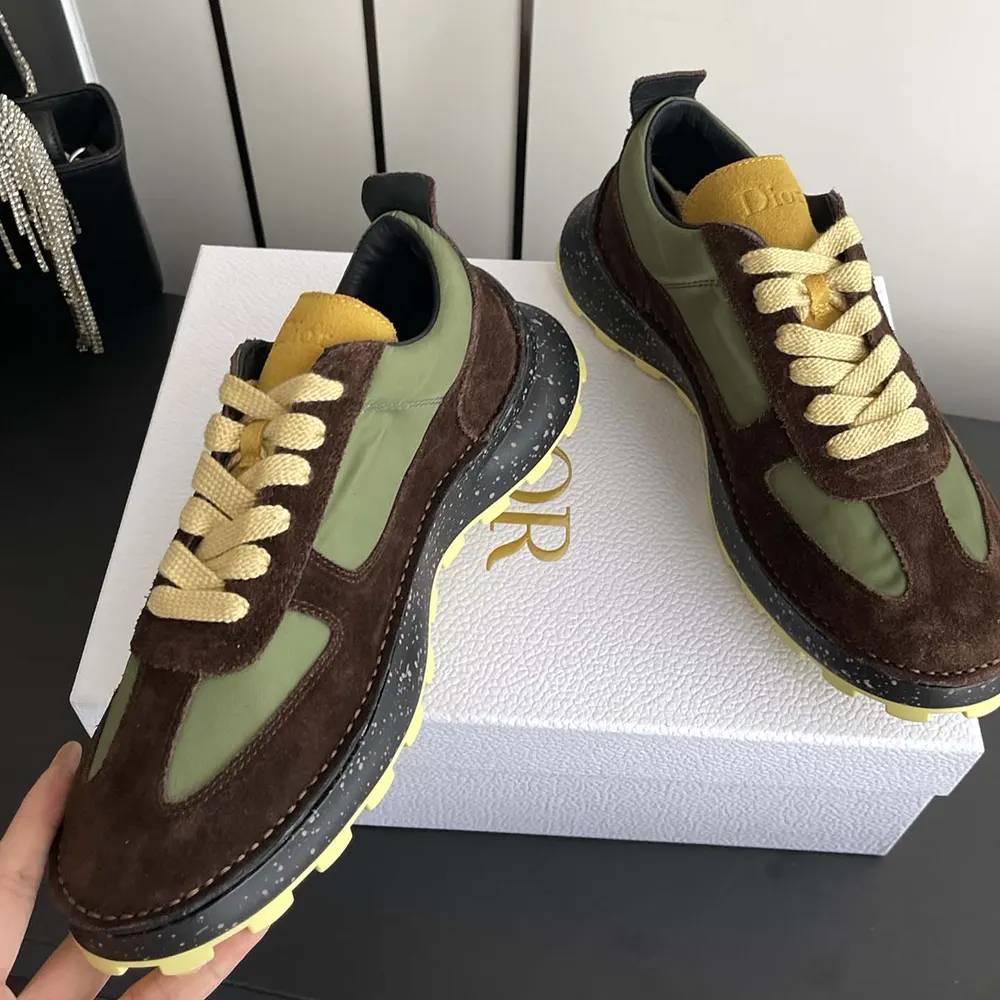 Dior Unisex Squash Sneaker Brown and Yellow Suede Calfskin with Green Technical Fabric - image 6