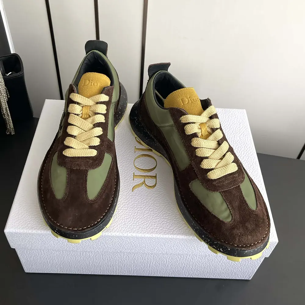 Dior Unisex Squash Sneaker Brown and Yellow Suede Calfskin with Green Technical Fabric - image 4