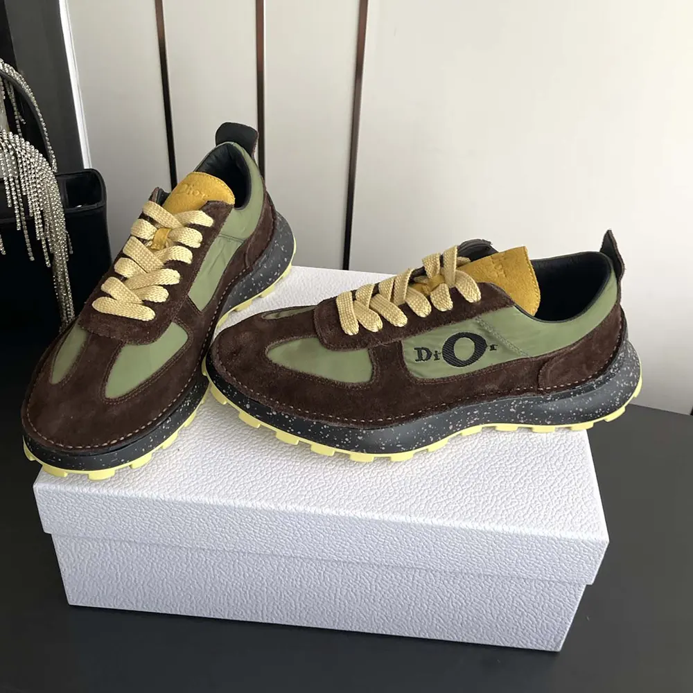 Dior Unisex Squash Sneaker Brown and Yellow Suede Calfskin with Green Technical Fabric - image 5