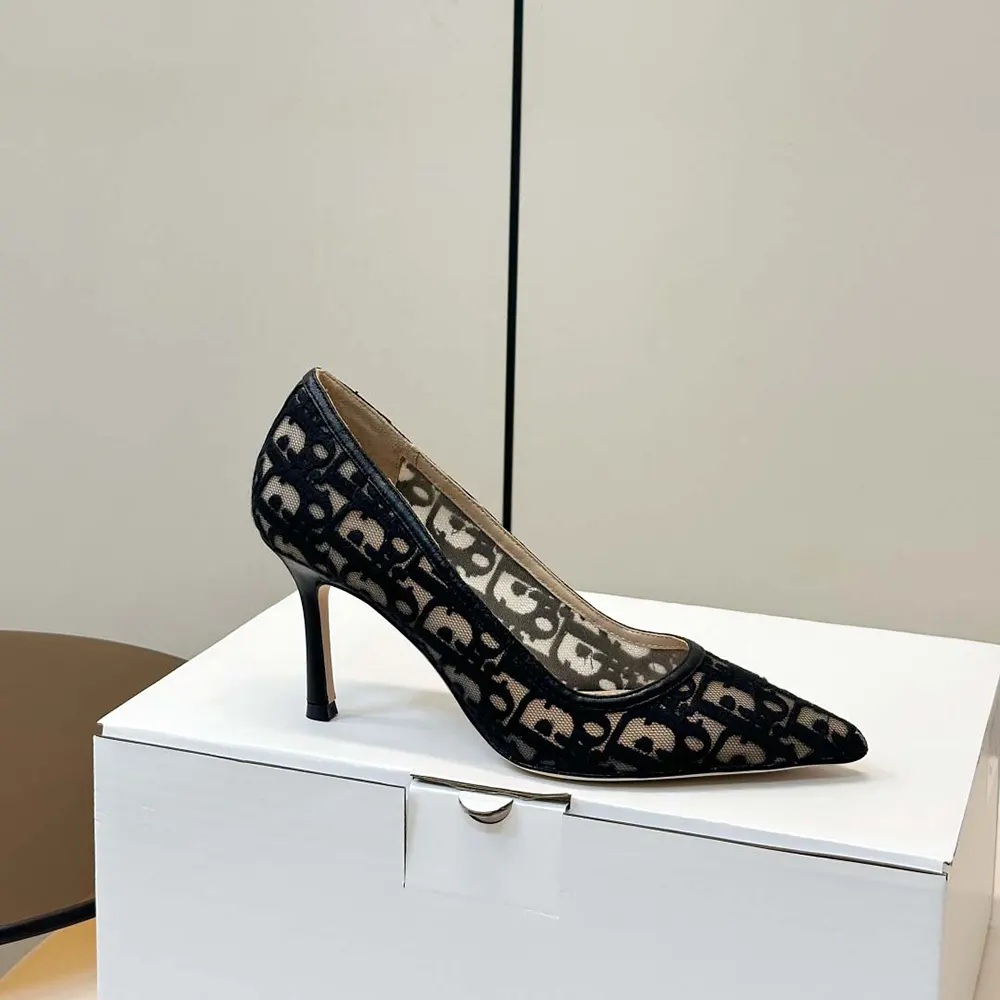 Close-up of embroidered mesh and buckle on Dior Women Adiorable Pump Black