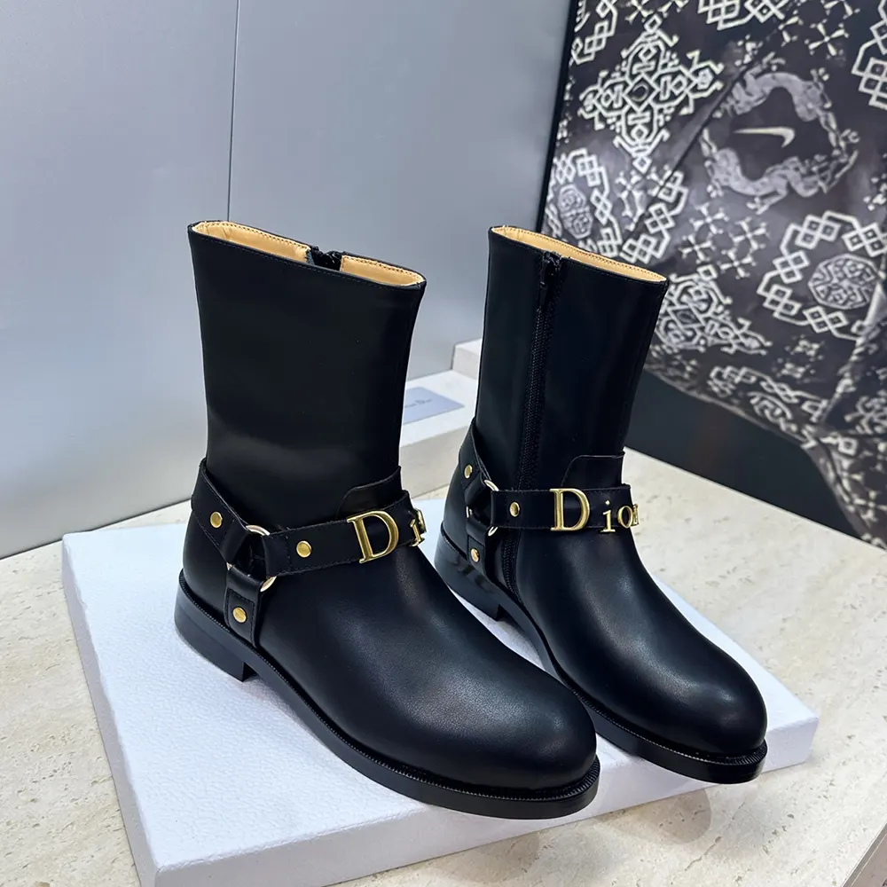 Close-up of silver Bolt hardware on Dior Women Bolt Ankle Boot Black Calfskin