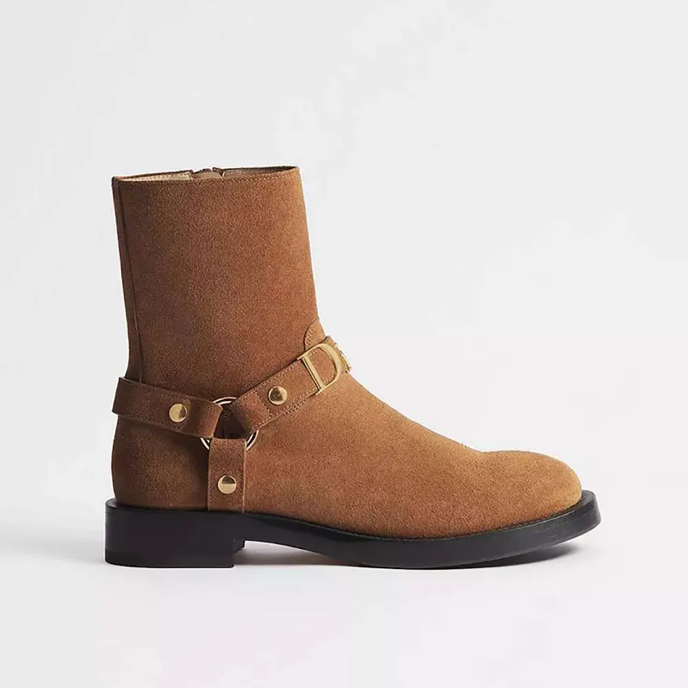 Side view of Dior Women Bolt Ankle Boot Cognac Brown Suede Calfskin