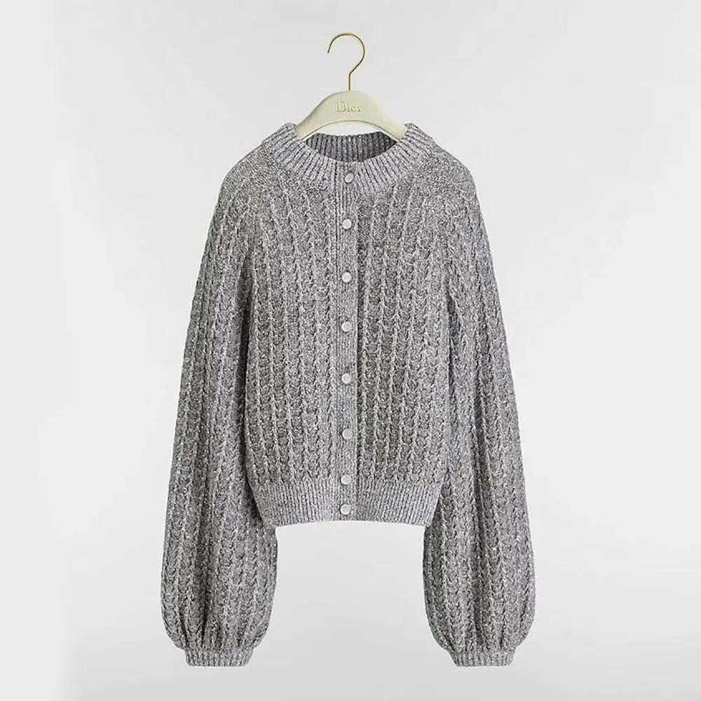 Front view of Dior Women Cardigan Gray Virgin Wool-Cashmere-Blend Tweed Embroidered with Sequins