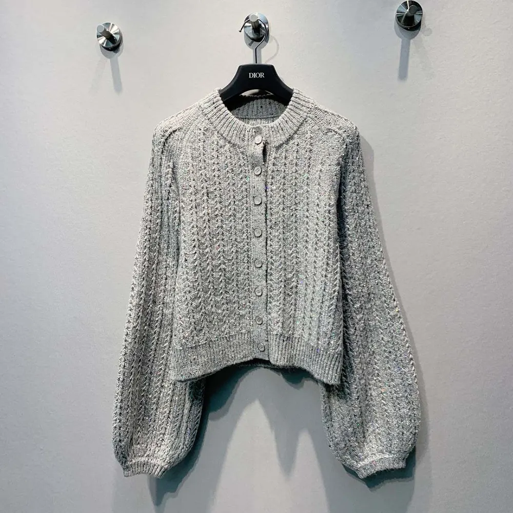 Close-up of sequin embroidery detail on Dior Women Cardigan Gray Virgin Wool-Cashmere-Blend Tweed